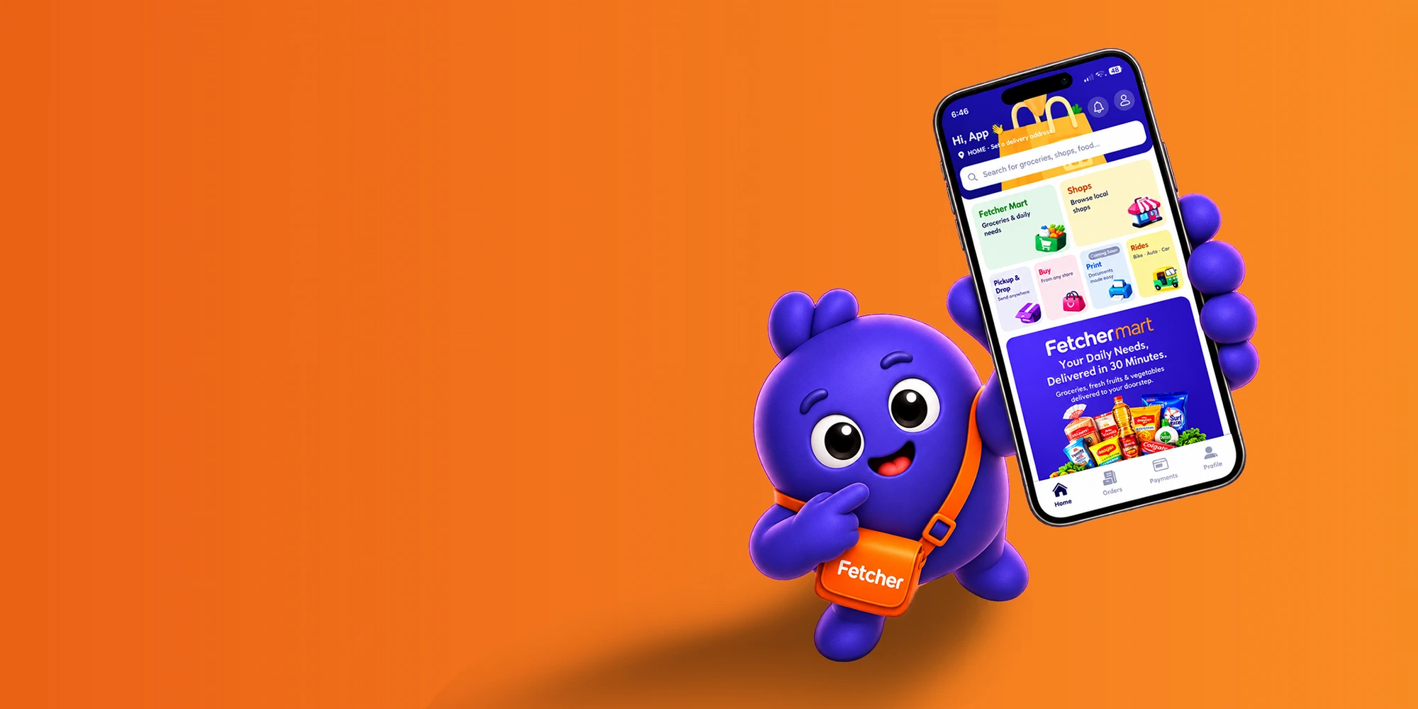 Fetcher mascot holding a phone with the Fetcher app