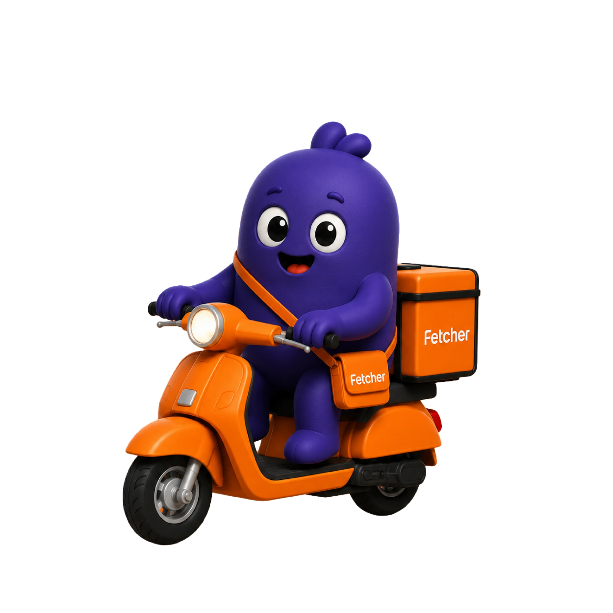 Fetcher mascot riding an orange delivery scooter